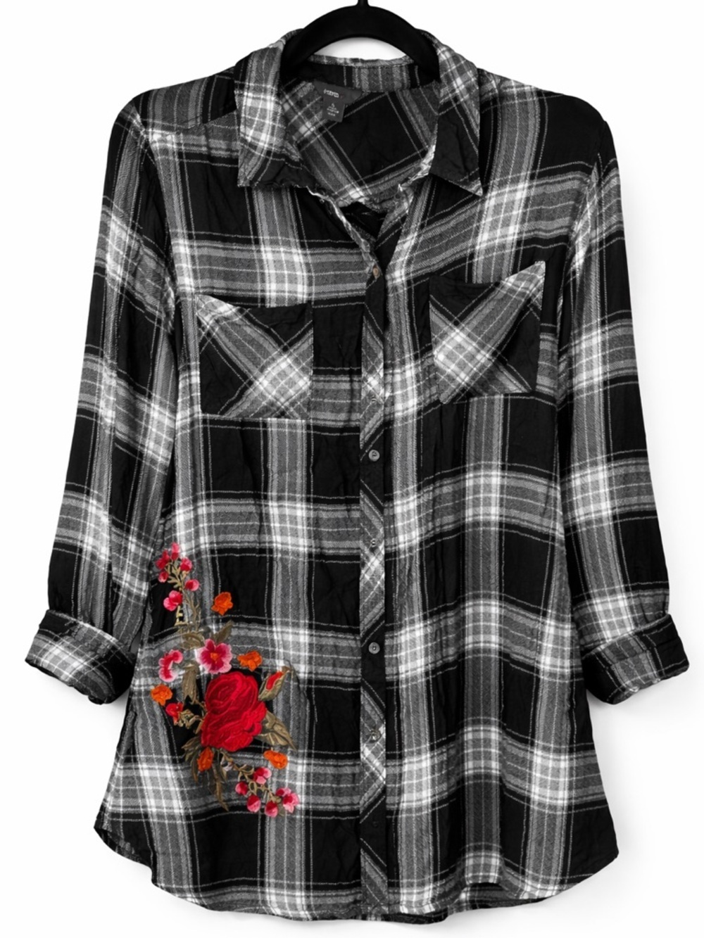 Large Black & White Plaid flannel Shirt with Red floral embroidery Detail